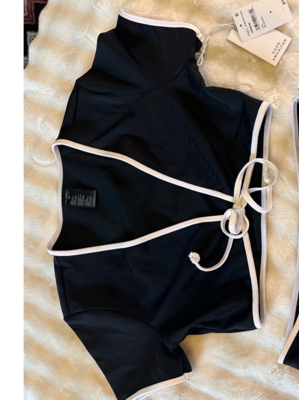 Good American Black Tie-Front Bikini Top with White Trim